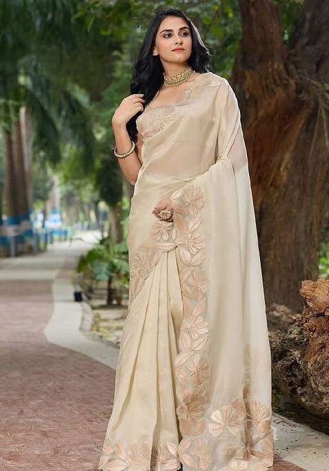 Cream Blended Saree Set with Embroidered for Diwali | Wedding & Festive Wear