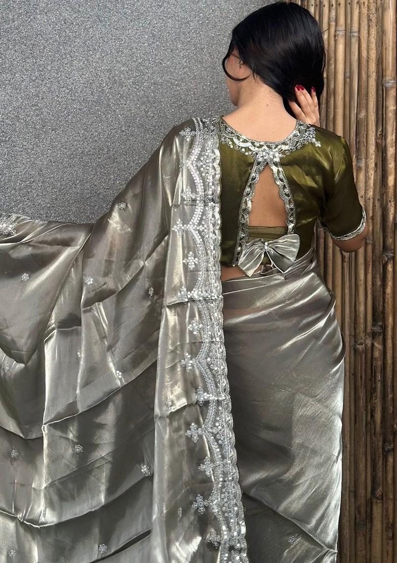 Grey Embroidered Blended Saree Set - Indya