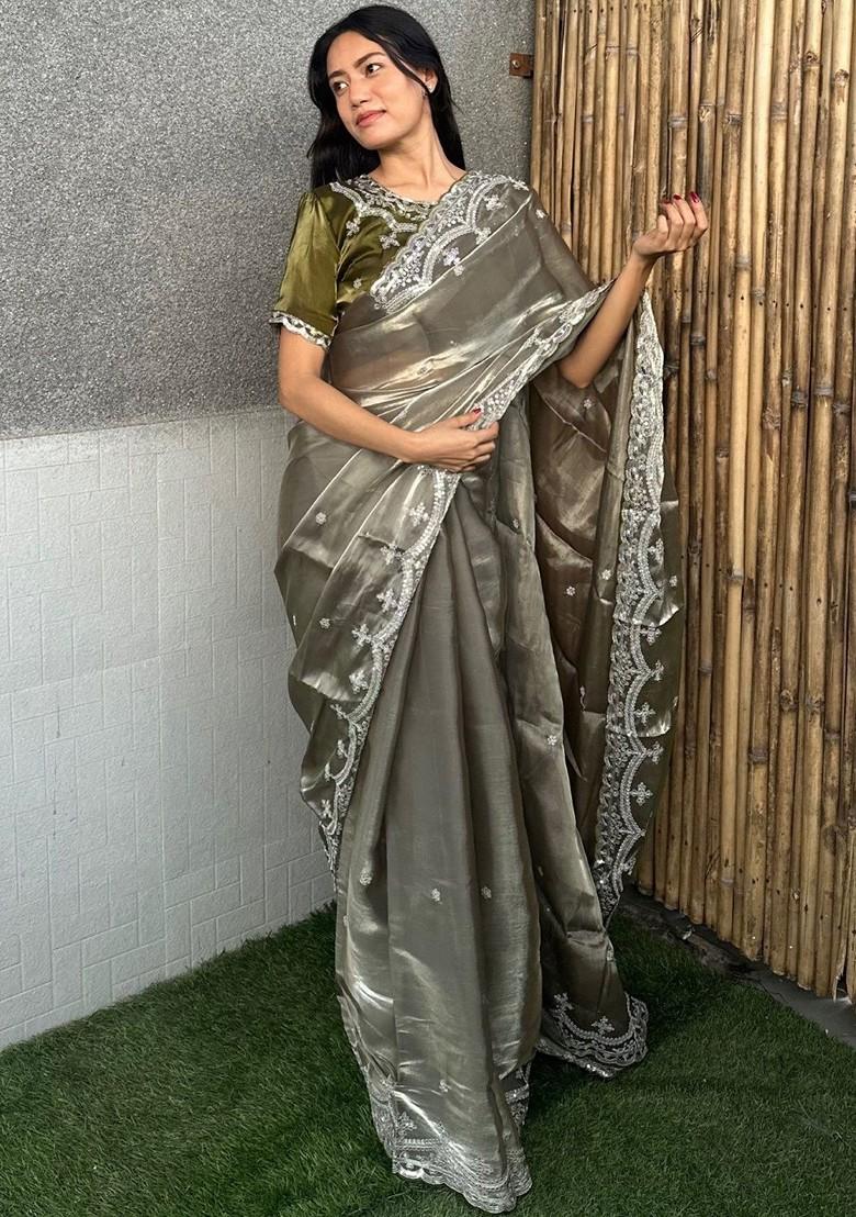 Grey Embroidered Blended Saree Set - Indya