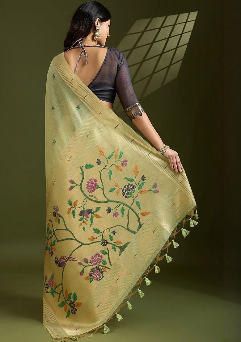 Green Embroidered Blended Saree Set - Indya