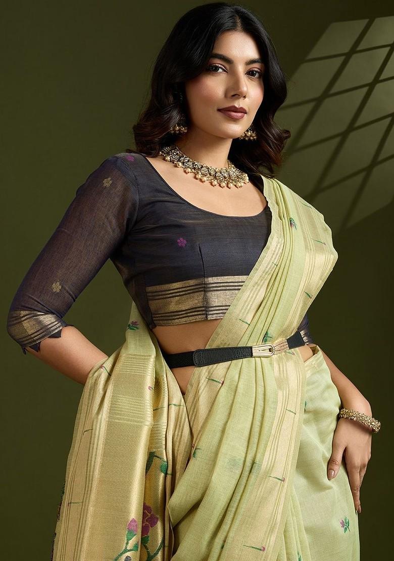 Green Embroidered Blended Saree Set - Indya