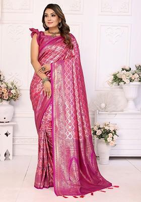 Pink Embroidered Blended Saree Set
