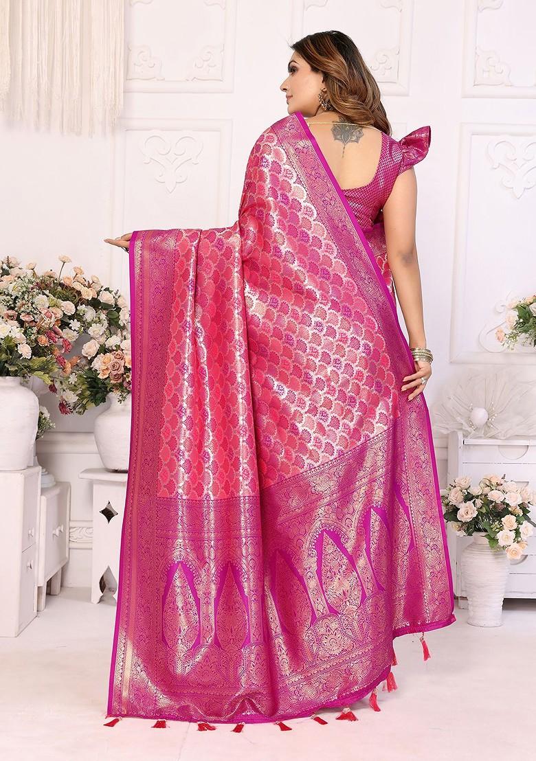 Pink Embroidered Blended Saree Set - Indya