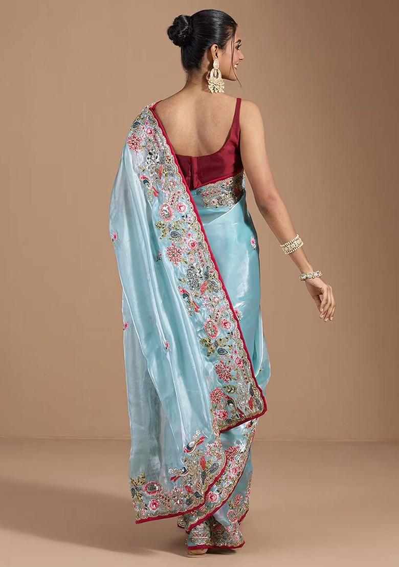 Blue Embroidered Blended Saree Set - Indya
