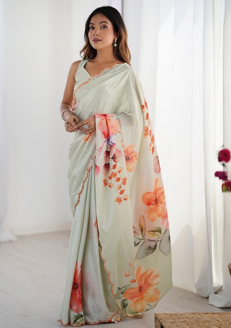 Green Embroidered Blended Saree Set - Indya