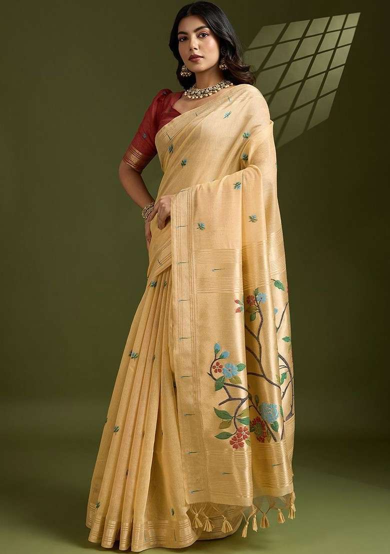 Cream Embroidered Blended Saree Set - Indya