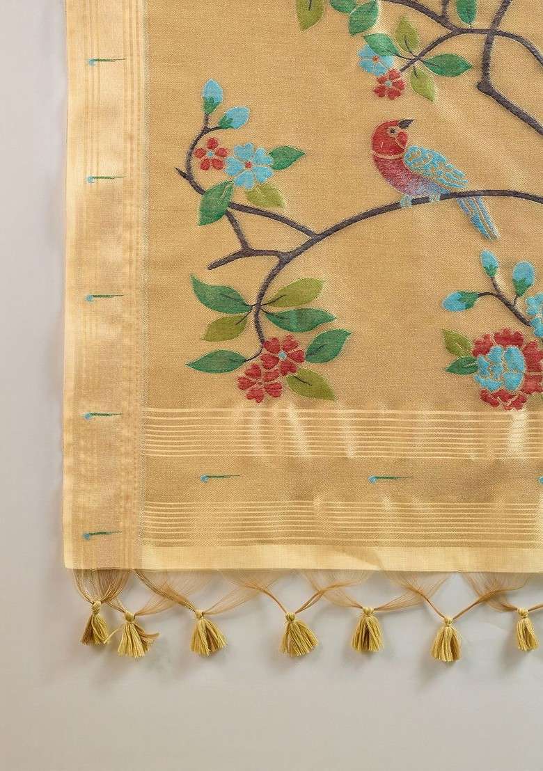Cream Embroidered Blended Saree Set - Indya