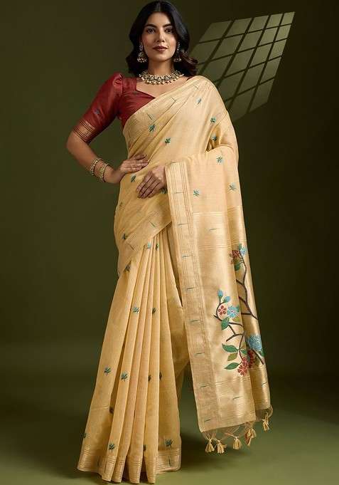 Cream Blended Saree Set with Embroidered for Diwali | Wedding & Festive Wear