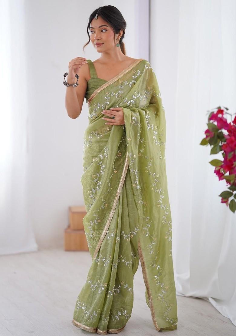 Green Embroidered Blended Saree Set - Indya