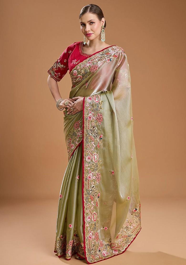 Green Embroidered Blended Saree Set - Indya
