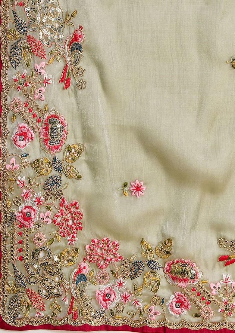 Green Embroidered Blended Saree Set - Indya
