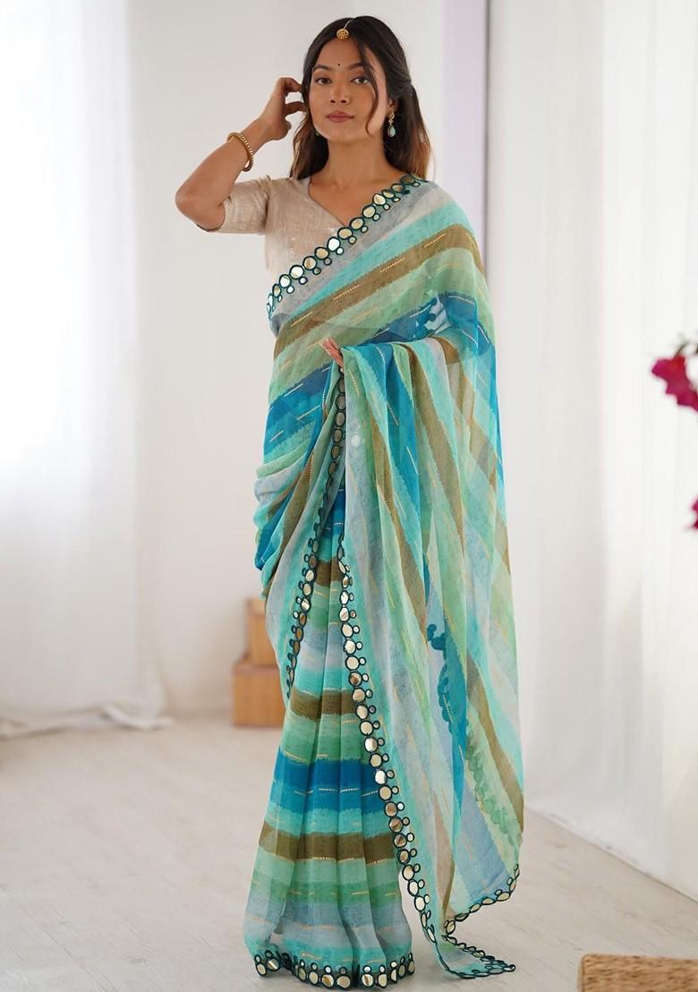 Blue Embroidered Blended Saree Set - Indya