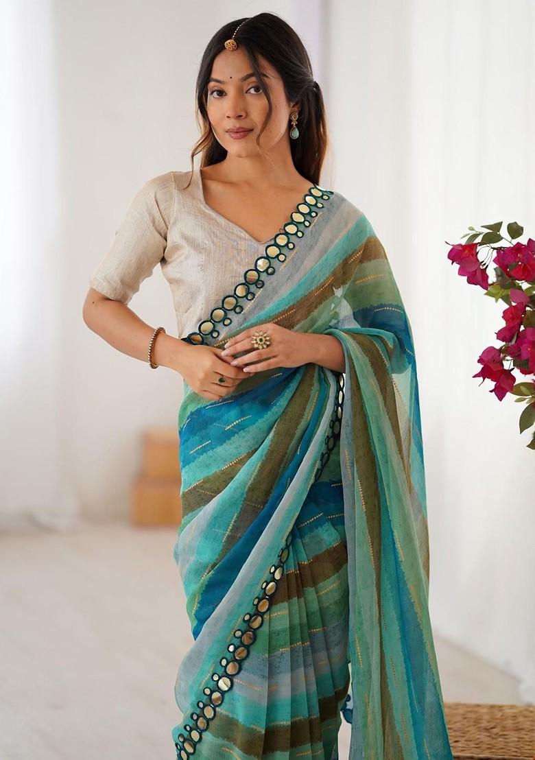 Blue Embroidered Blended Saree Set - Indya