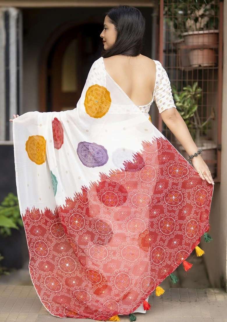 White Embroidered Blended Saree Set for Diwali and Festive Wear - Indya