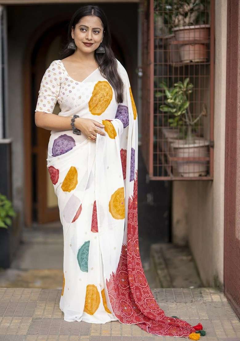 White Embroidered Blended Saree Set for Diwali and Festive Wear - Indya