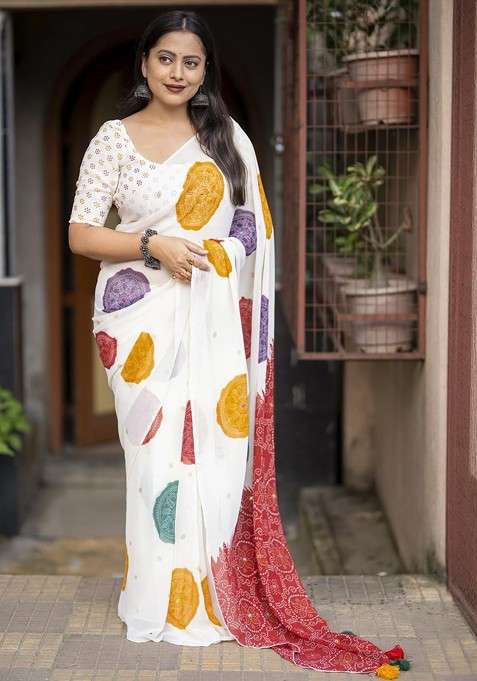 White Embroidered Blended Saree Set for Diwali and Festive Wear