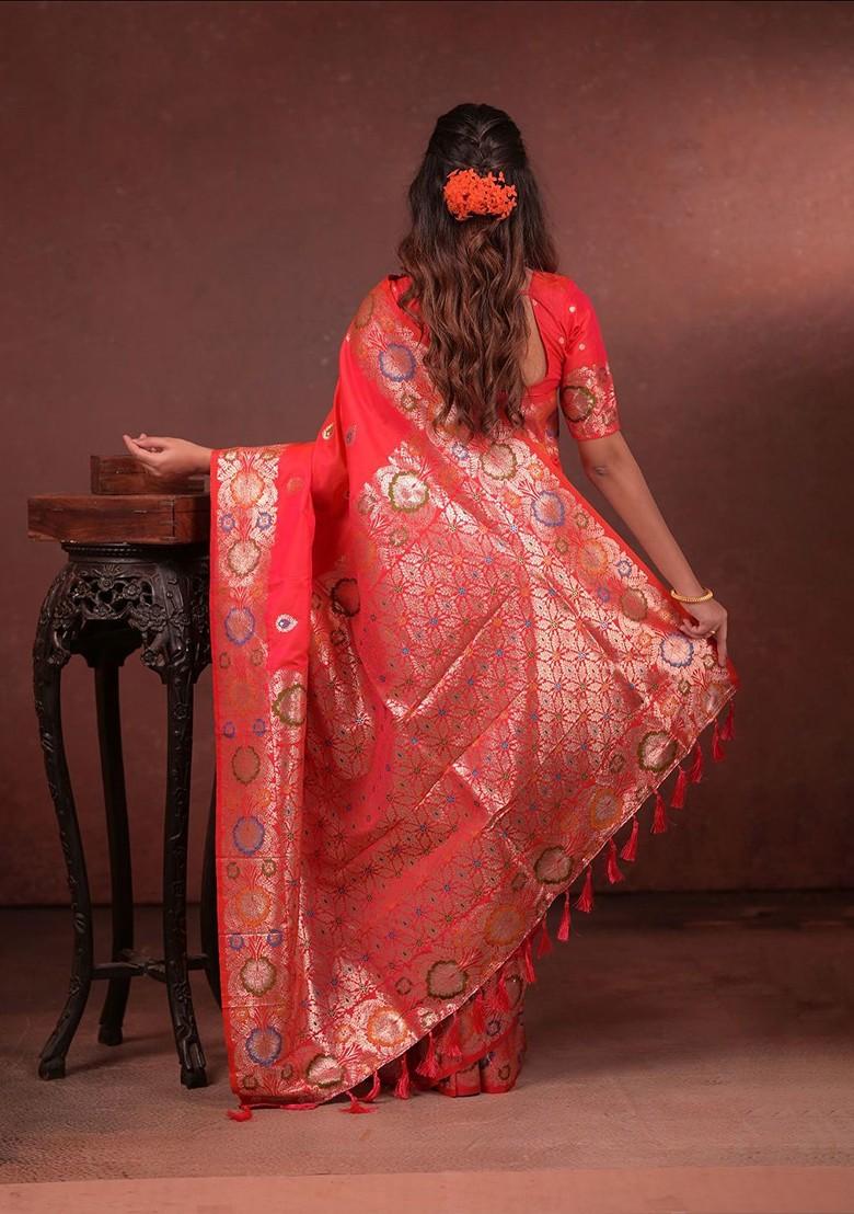 Red Embroidered Blended Saree Set - Indya