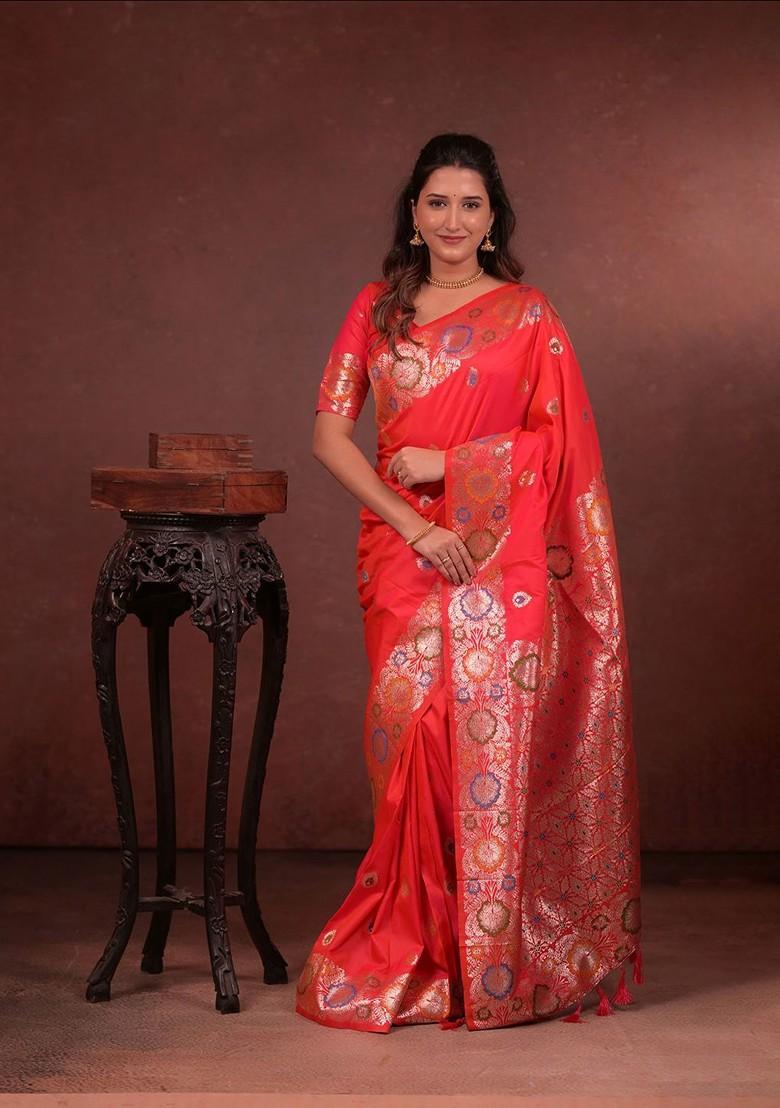 Red Embroidered Blended Saree Set - Indya