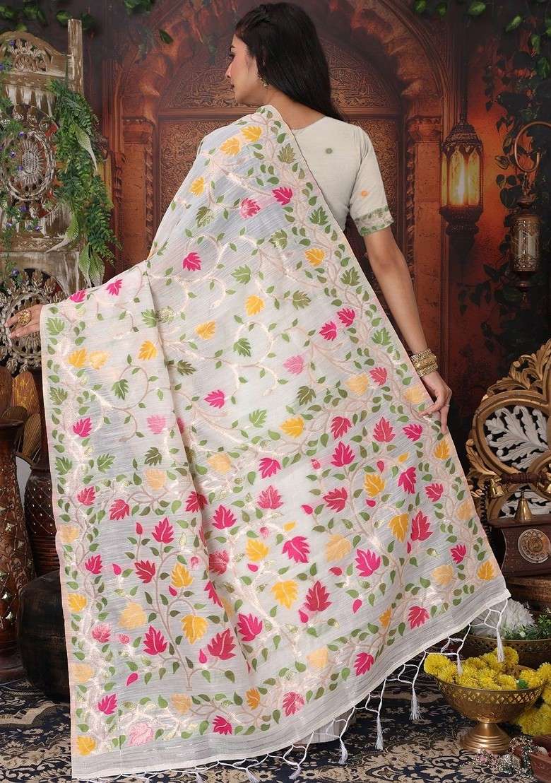 Off White Embroidered Blended Saree Set for Diwali and Festive Wear - Indya