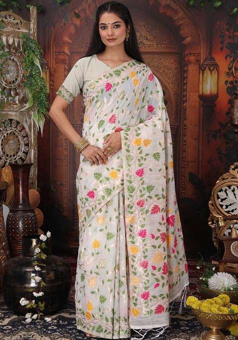 Off White Embroidered Blended Saree Set for Diwali and Festive Wear