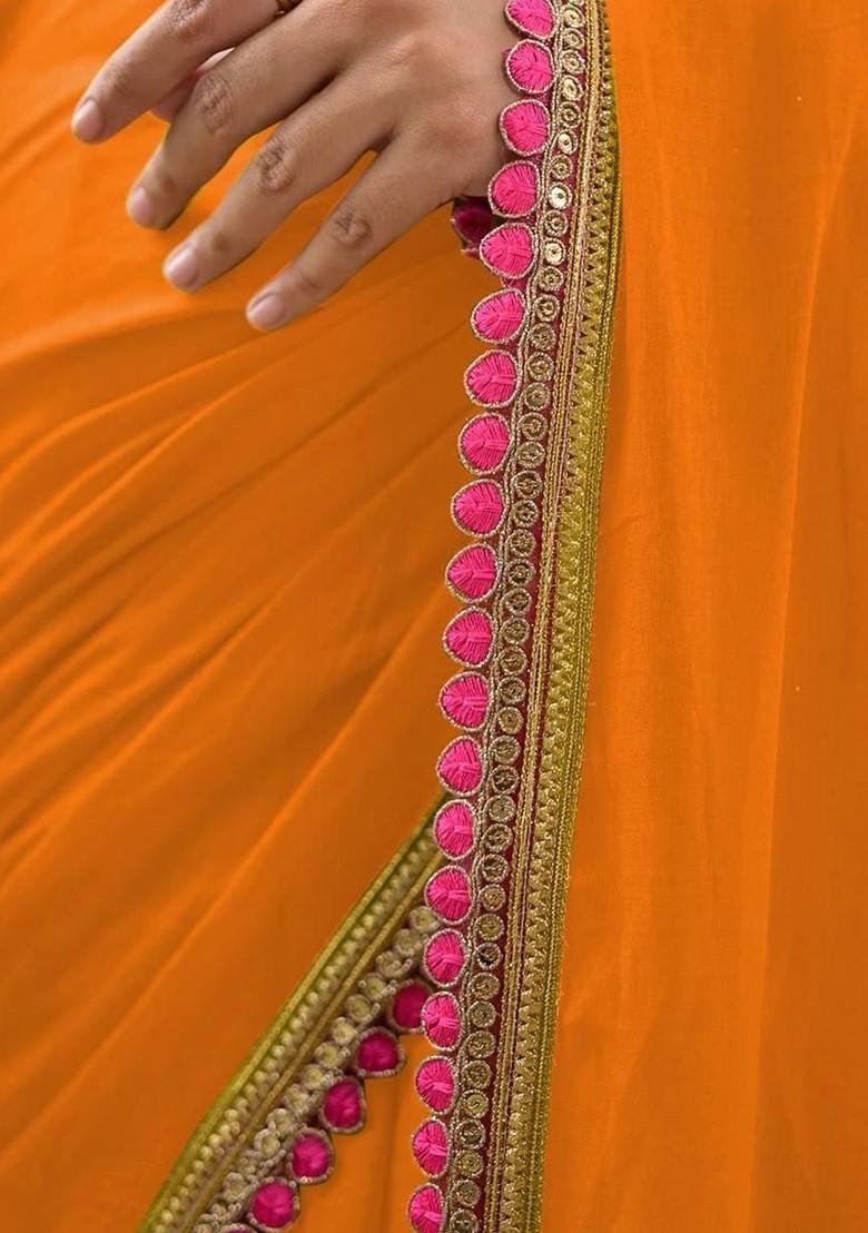 Orange Embroidered Blended Saree Set - Indya