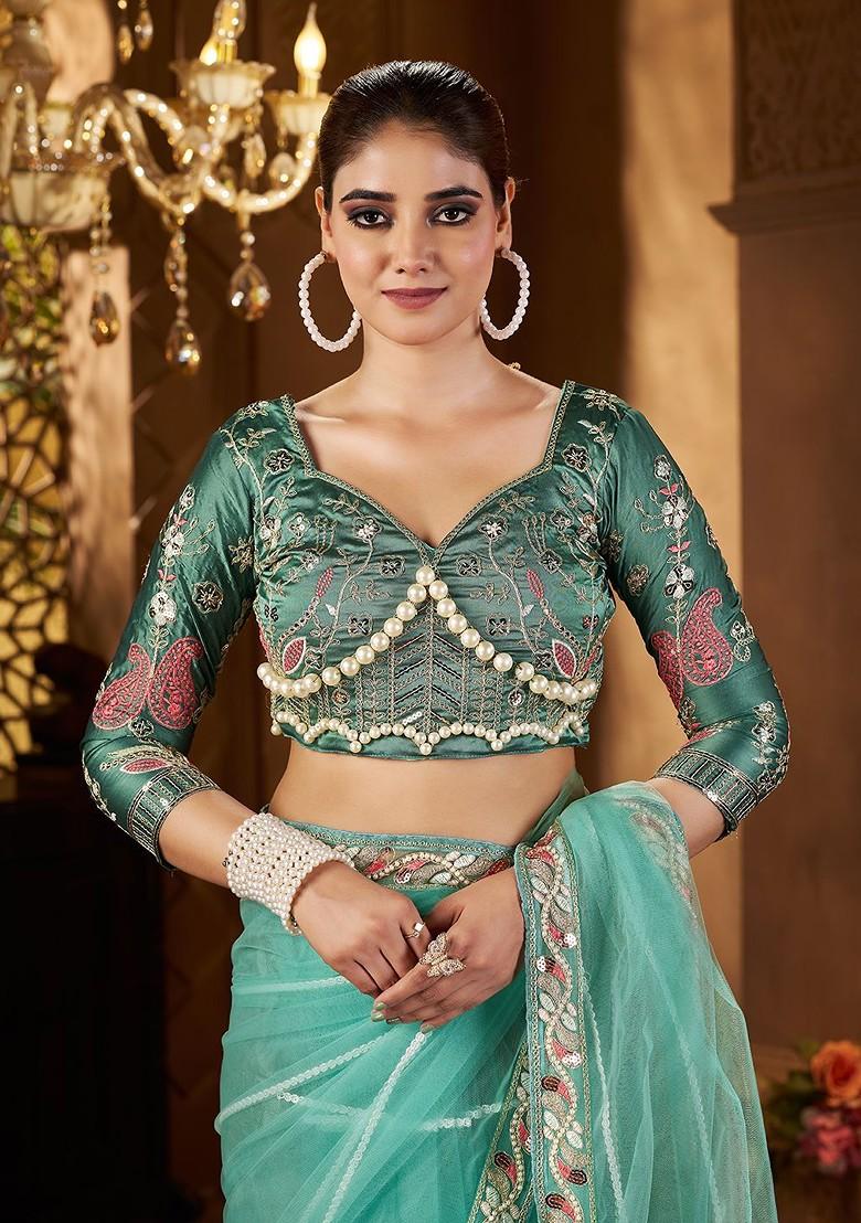 Green Embroidered Blended Saree Set - Indya