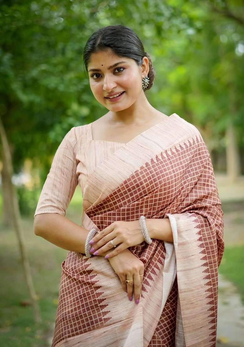 Brown Blended Saree Set with Embroidered for Diwali | Wedding & Festive Wear - Indya