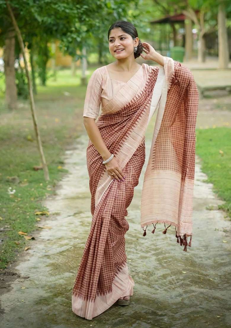 Brown Blended Saree Set with Embroidered for Diwali | Wedding & Festive Wear - Indya