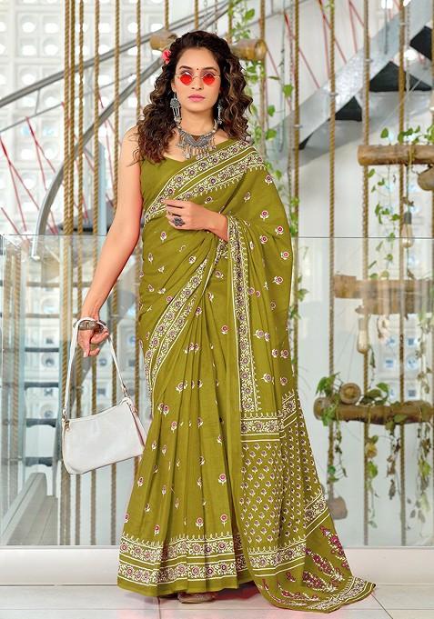 Olive Embroidered Blended Saree Set