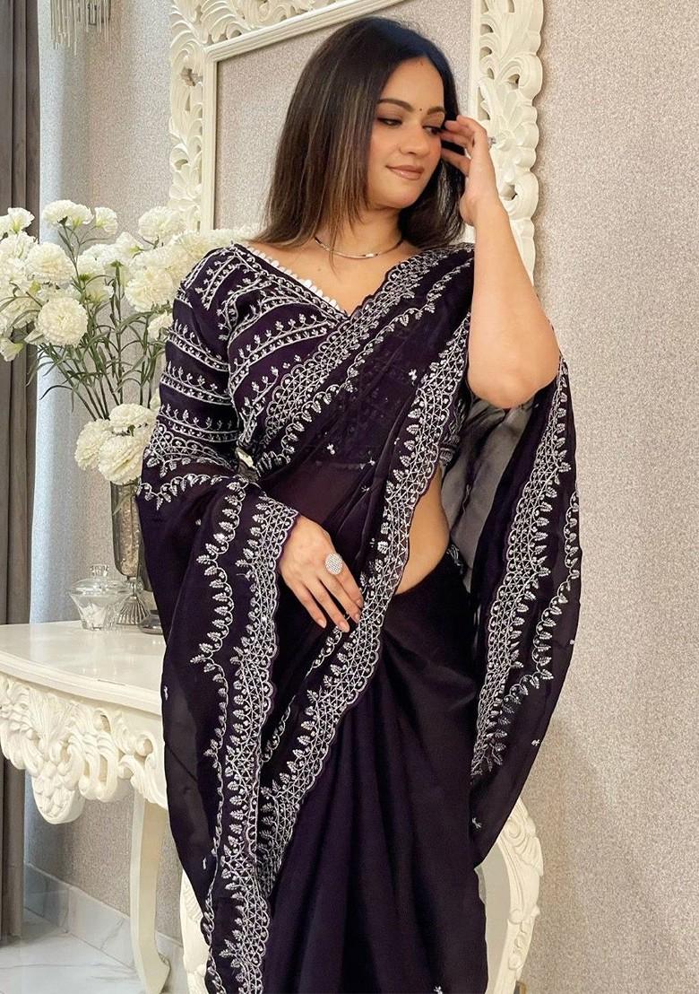 Violet Embroidered Blended Saree Set - Indya