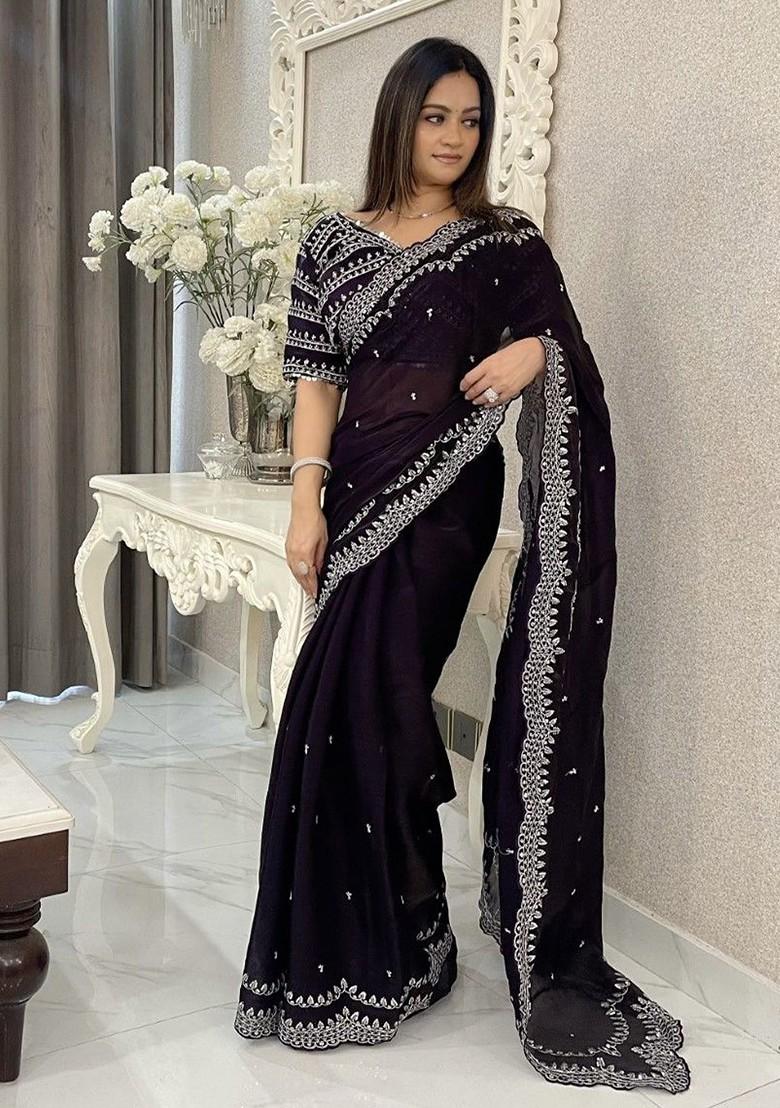 Violet Embroidered Blended Saree Set - Indya