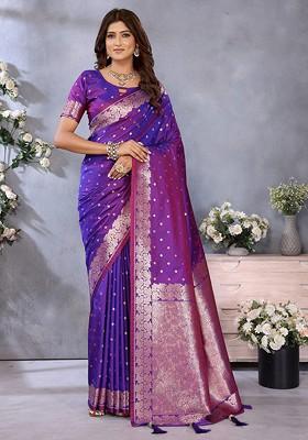 Purple Embroidered Blended Saree Set