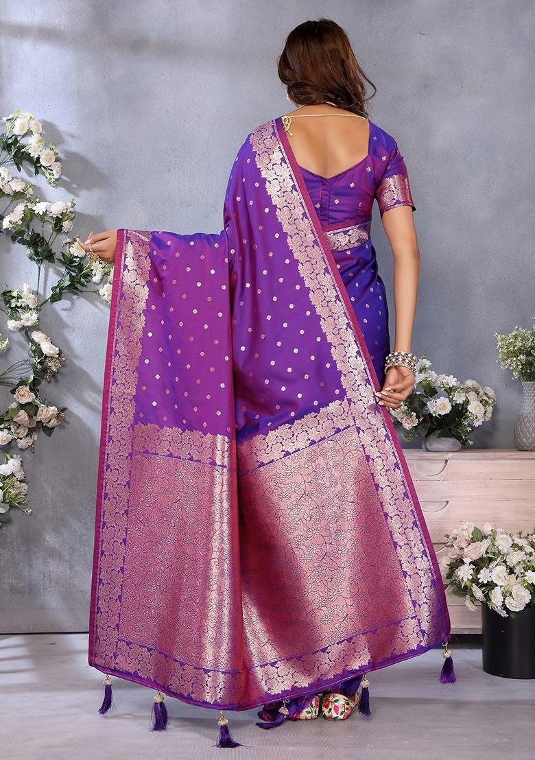 Purple Embroidered Blended Saree Set - Indya