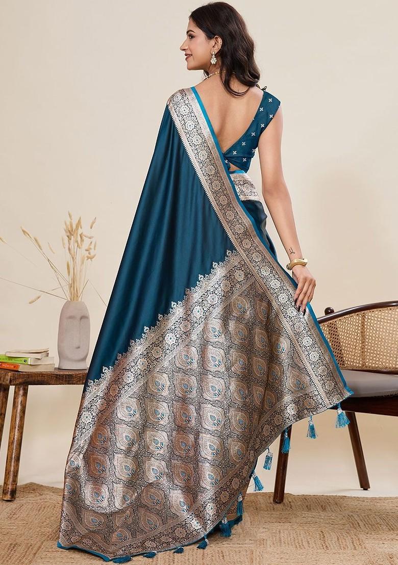 Teal Embroidered Blended Saree Set - Indya