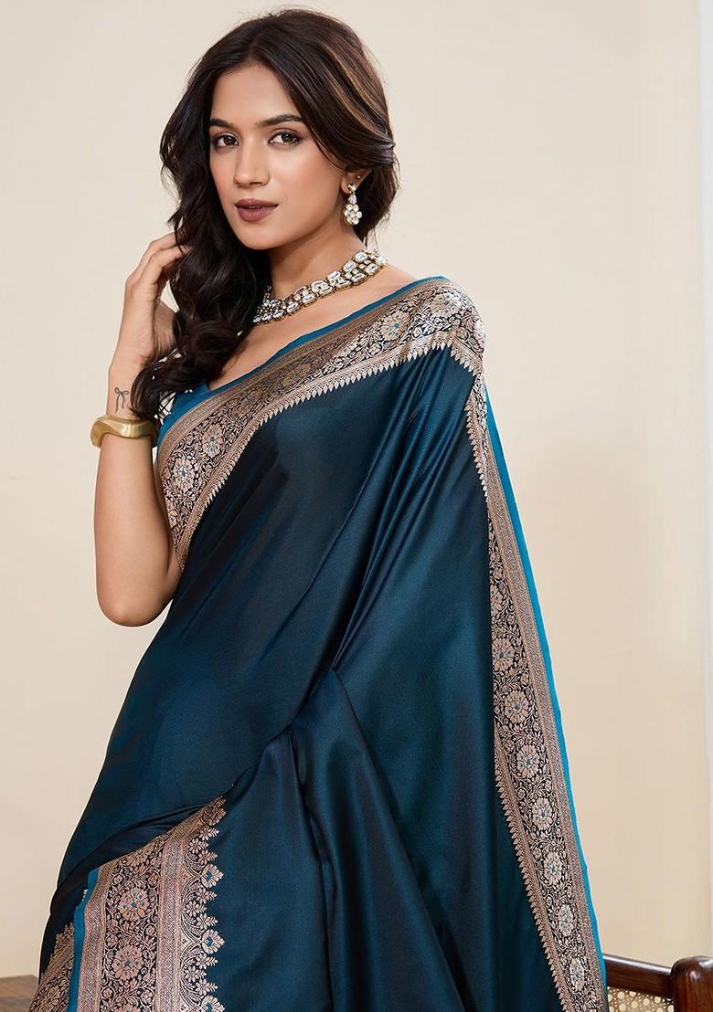 Teal Embroidered Blended Saree Set - Indya