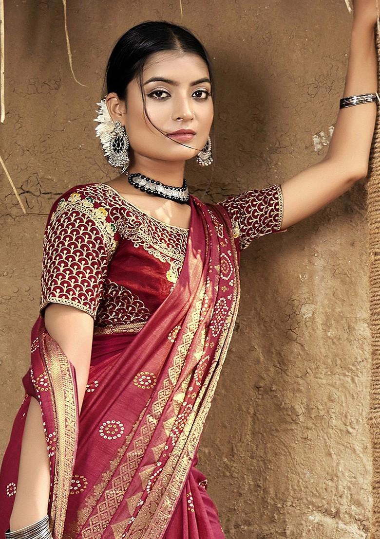 Red Embroidered Blended Saree Set - Indya