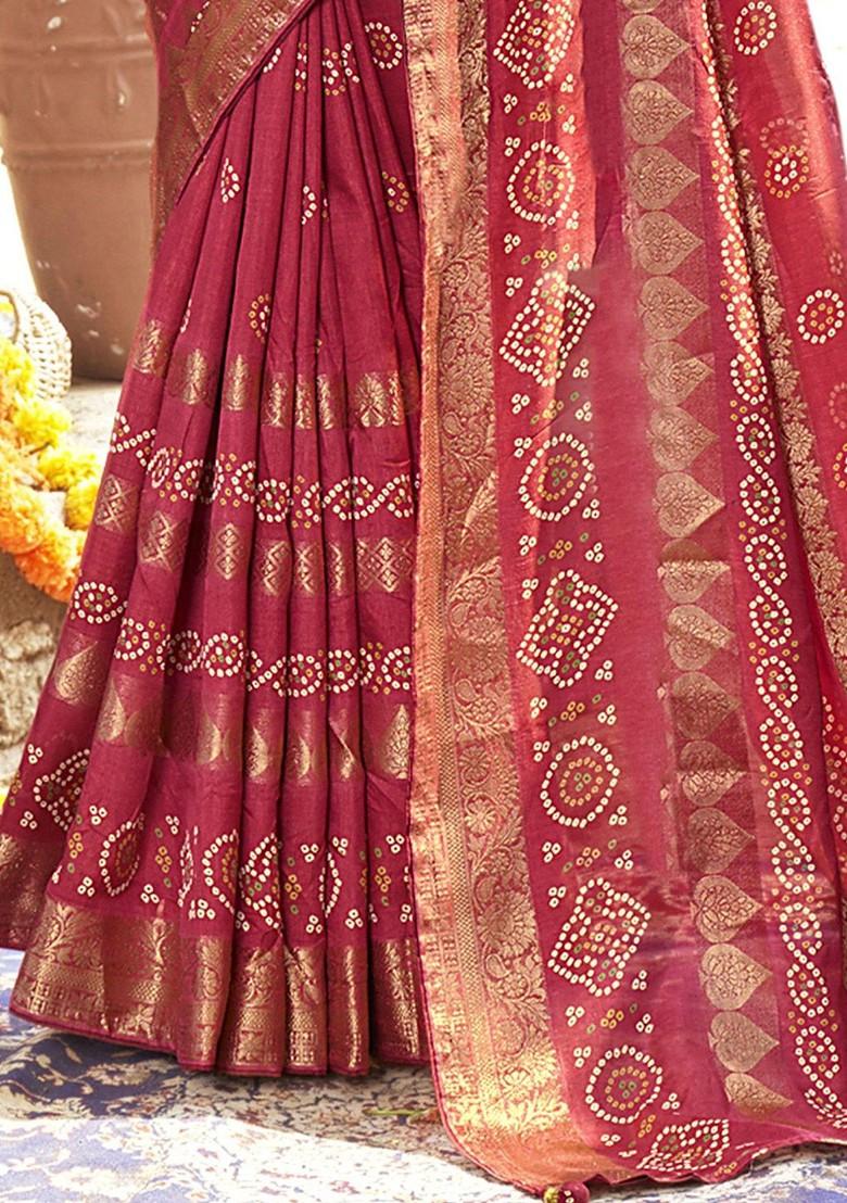 Red Embroidered Blended Saree Set - Indya