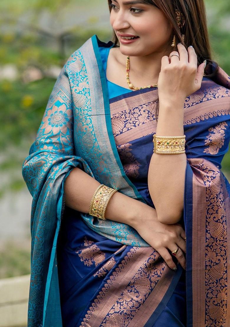 Blue Embroidered Blended Saree Set - Indya