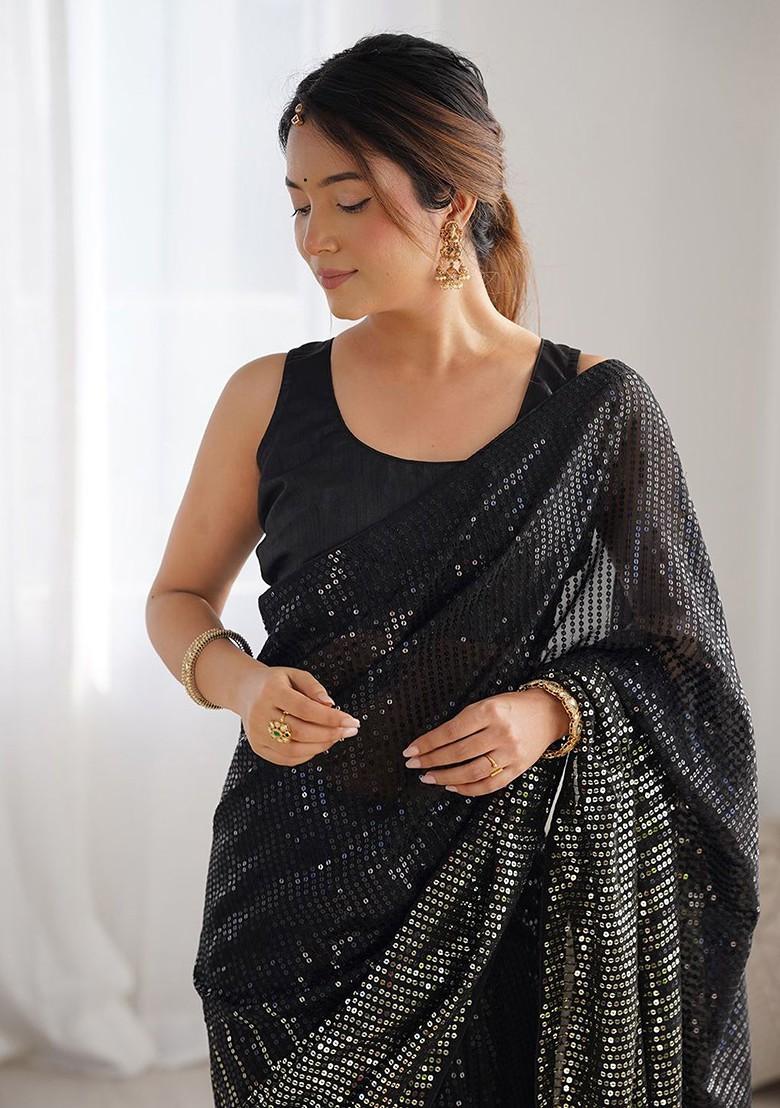 Black Embroidered Blended Saree Set - Indya
