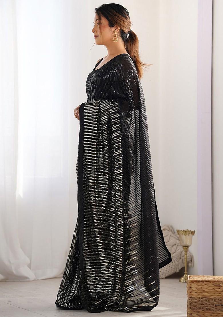 Black Embroidered Blended Saree Set - Indya