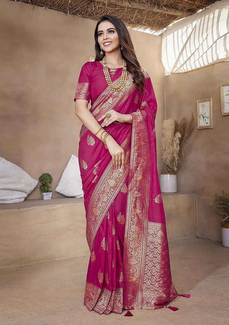 Fuchsia Embroidered Blended Saree Set - Indya