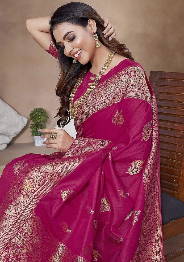 Fuchsia Embroidered Blended Saree Set - Indya