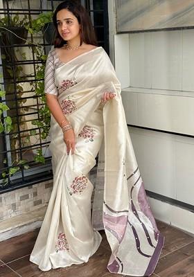Off White Embroidered Blended Saree Set