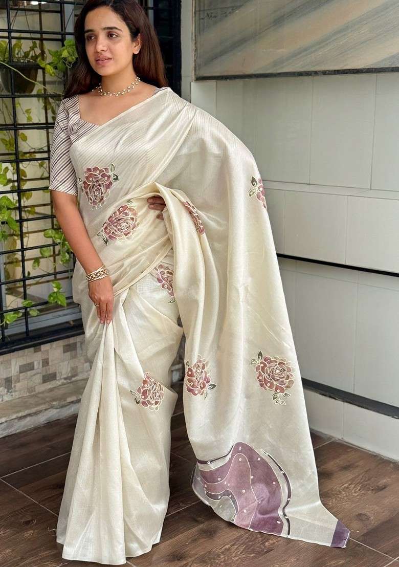 Off White Embroidered Blended Saree Set - Indya