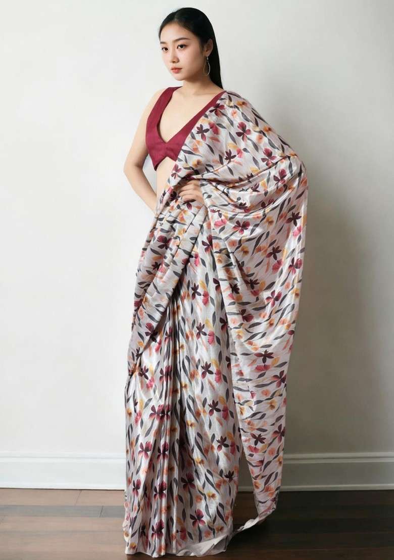 White Blended Saree Set with Embroidered for Diwali | Wedding & Festive Wear - Indya