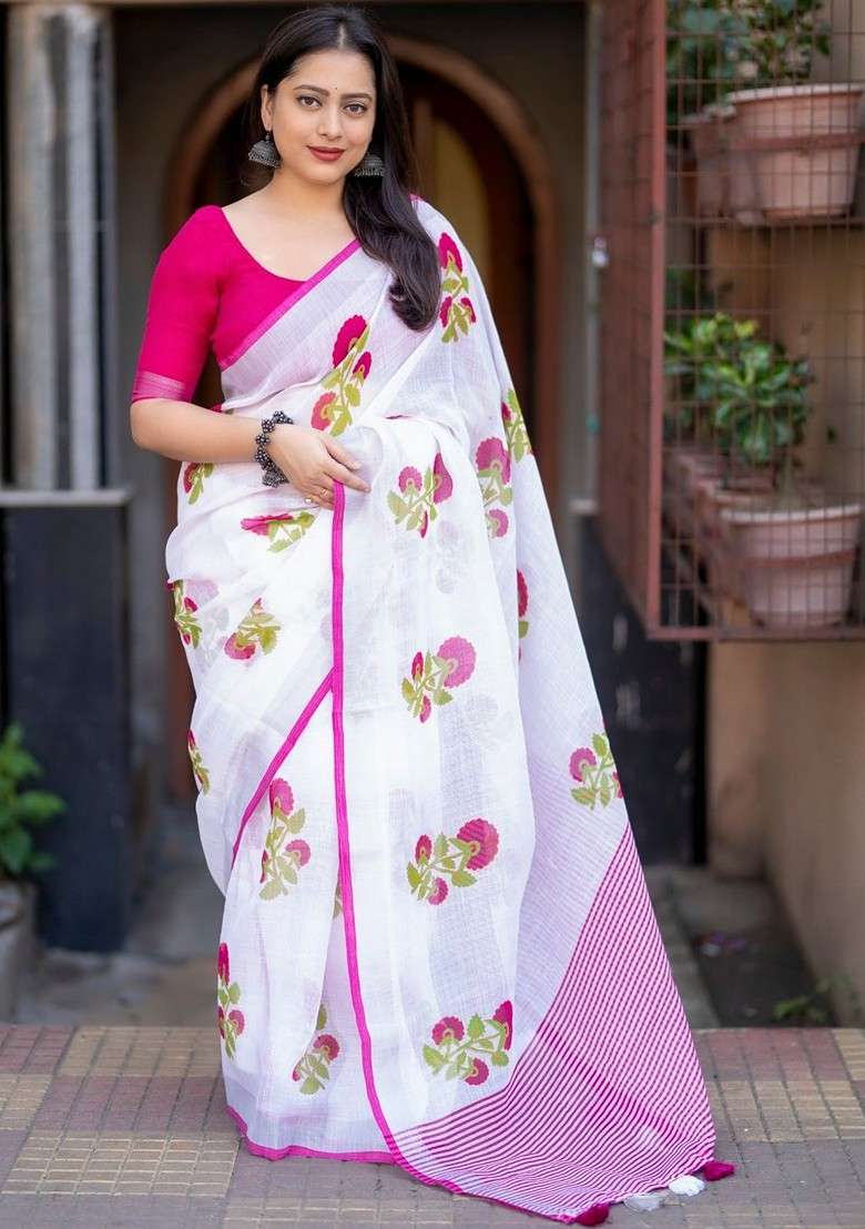 White Embroidered Blended Saree Set for Diwali and Festive Wear - Indya