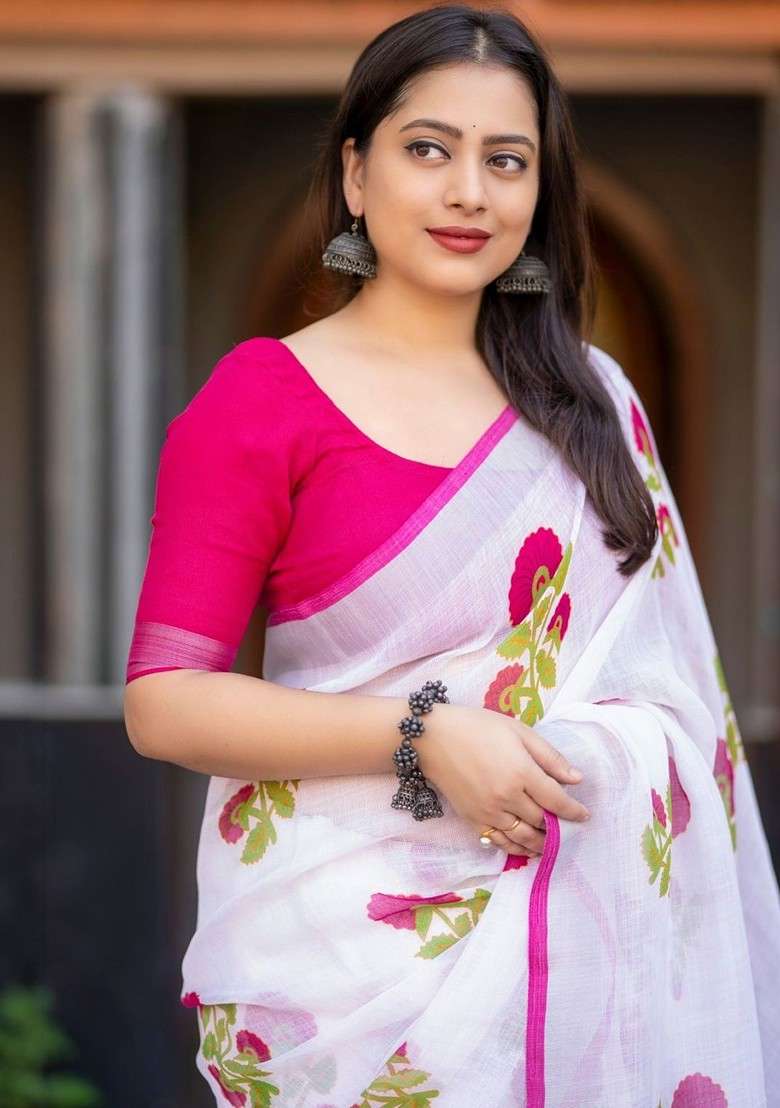 White Embroidered Blended Saree Set for Diwali and Festive Wear - Indya