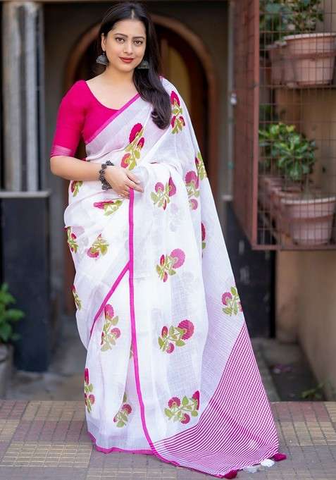 White Embroidered Blended Saree Set for Diwali and Festive Wear