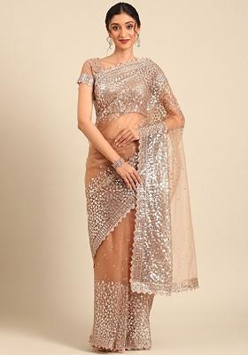 Brown Embroidered Blended Saree Set