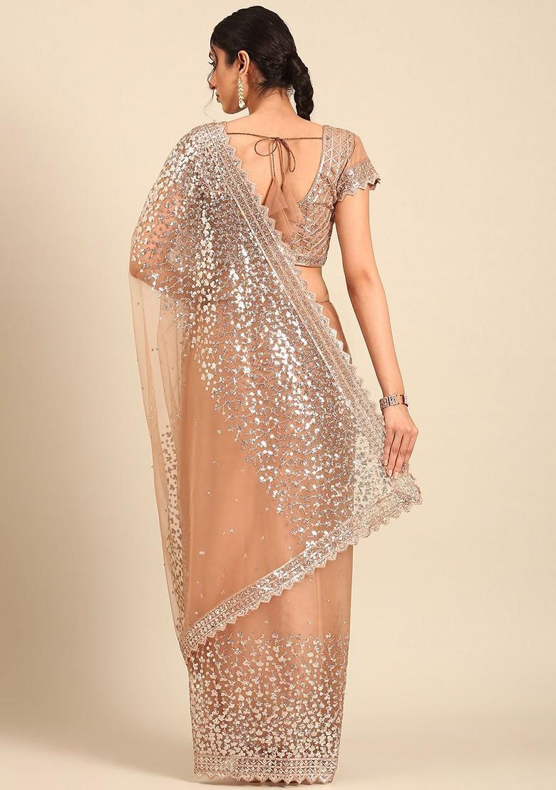 Brown Embroidered Blended Saree Set - Indya